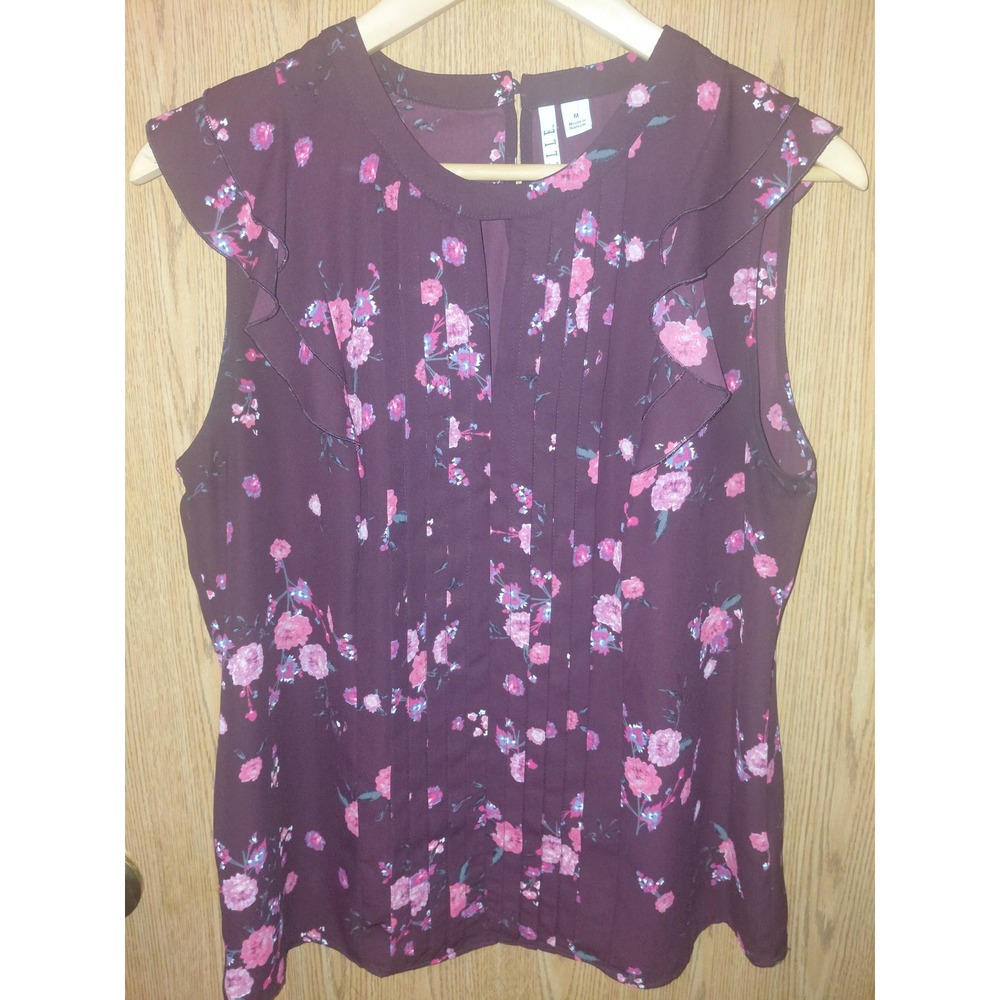 Elle Womens Plum Purple Pink Floral Pleated Ruffle Sleeveless Blouse Top Size M
